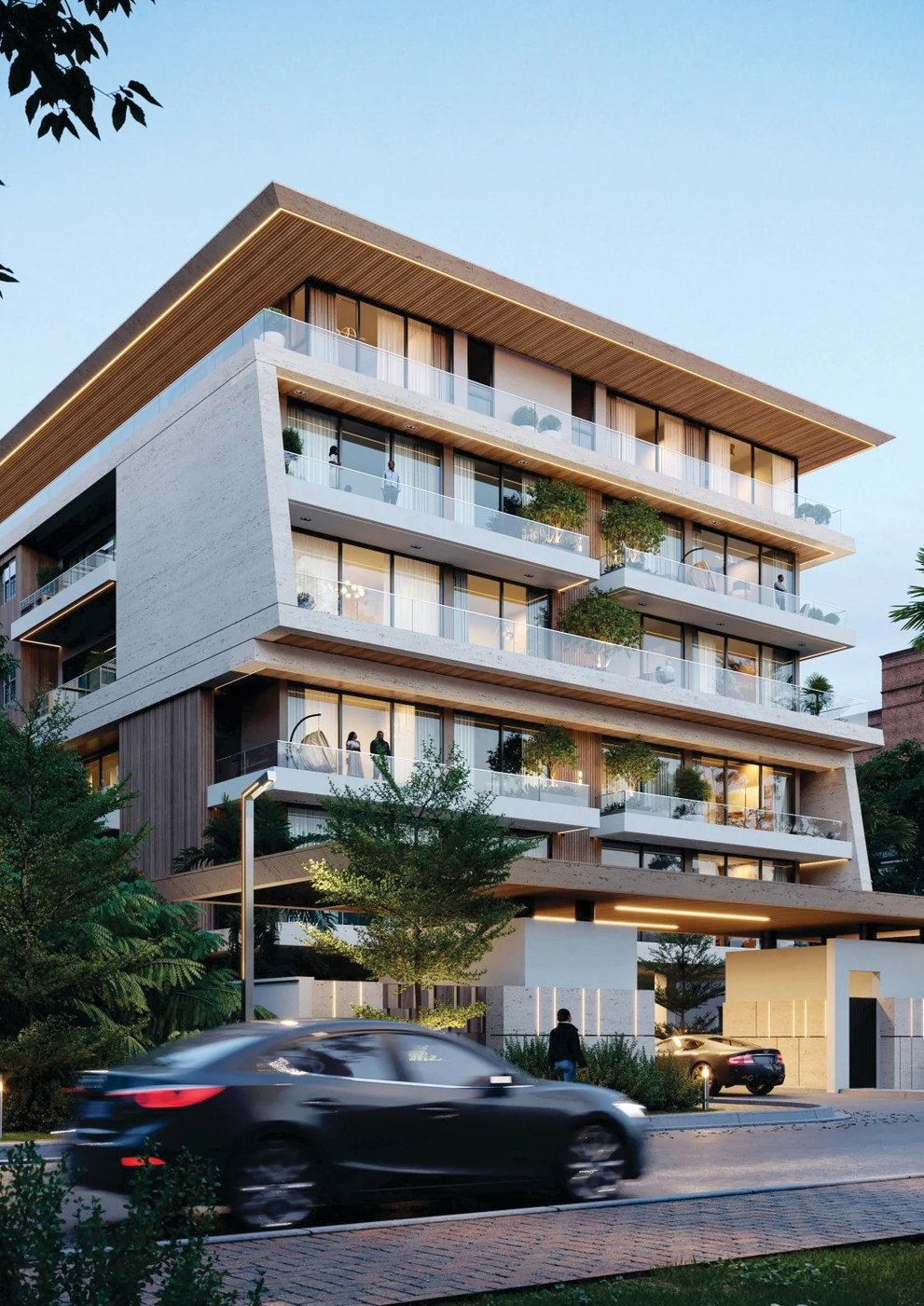 Architectural visualisation of Residence M, with wide balconies, stone finishes and landscaped edges
