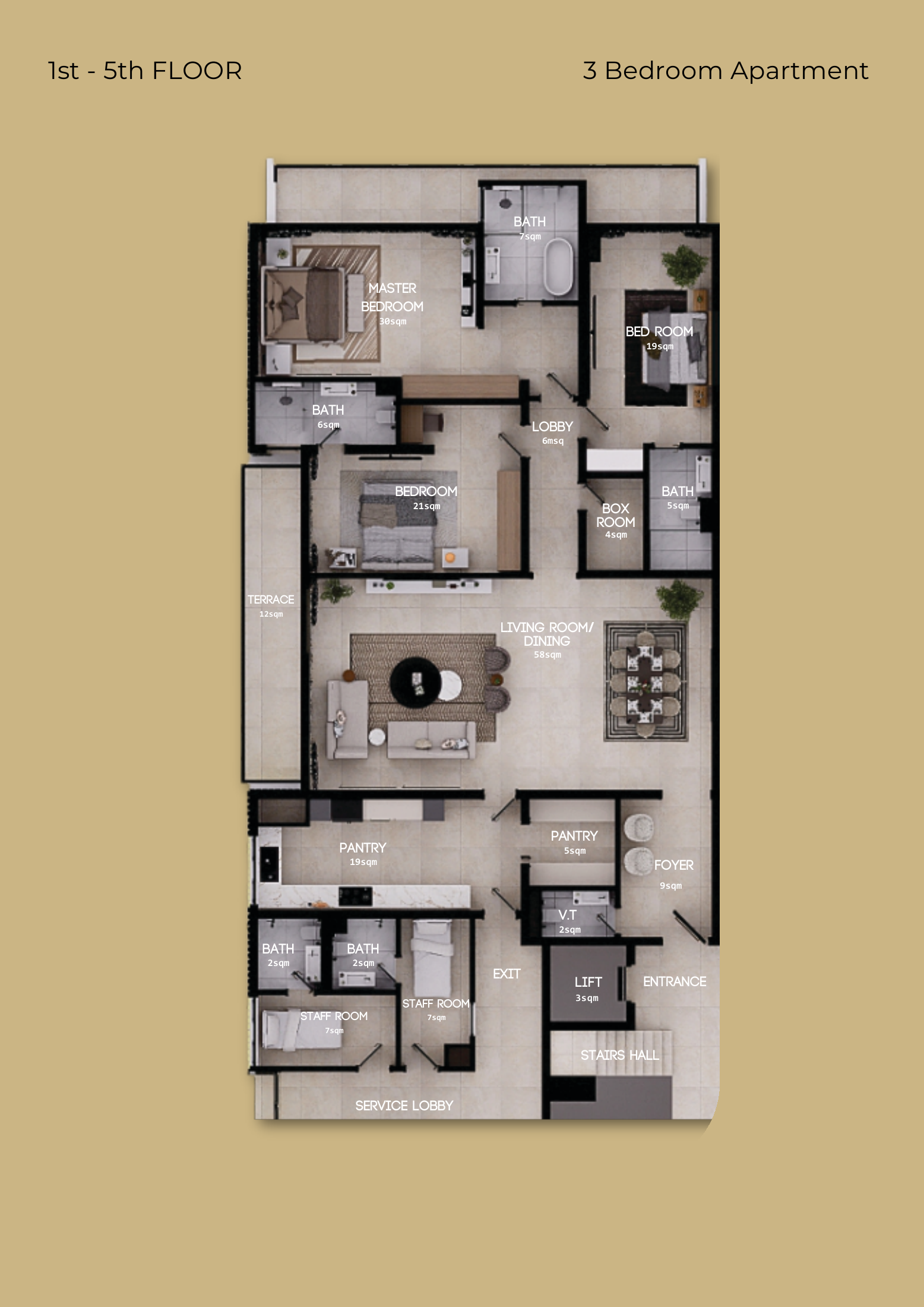 Developer floor plan: three bedrooms, living and dining, terrace, bathrooms, pantry, staff rooms and service access