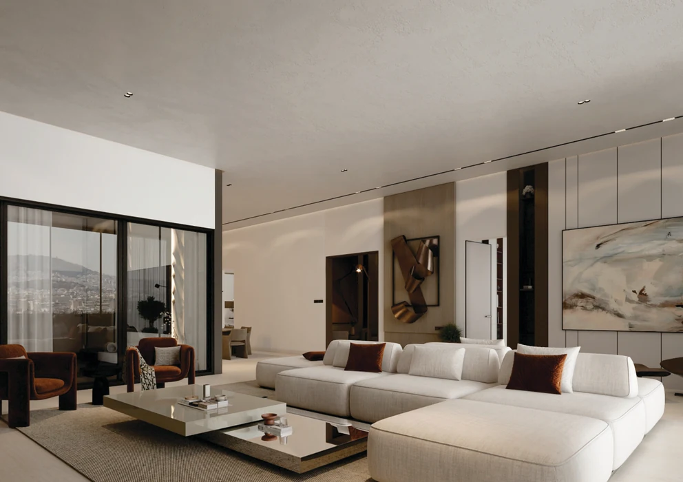 Residence M living room with neutral seating, warm wood and terrace doors — architectural visualisation
