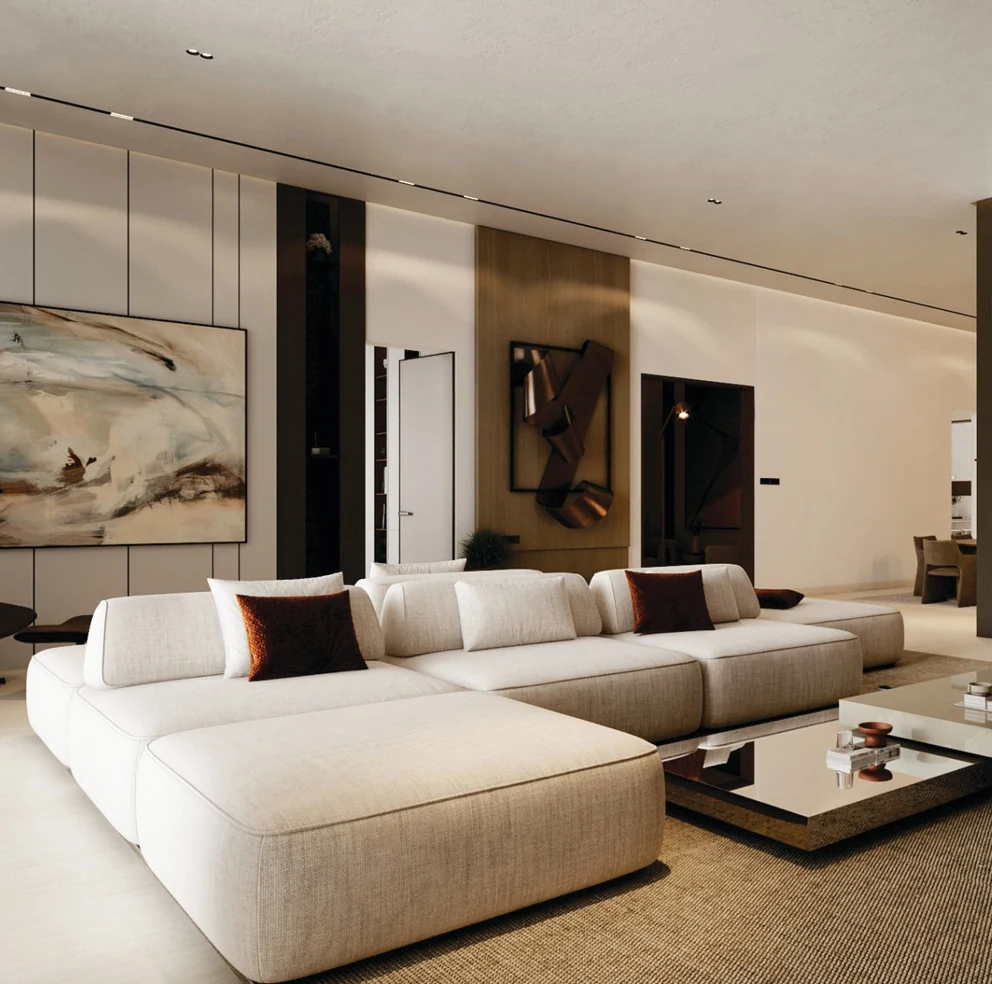 Warm neutral living room with soft seating and refined wood finishes, developer visualisation