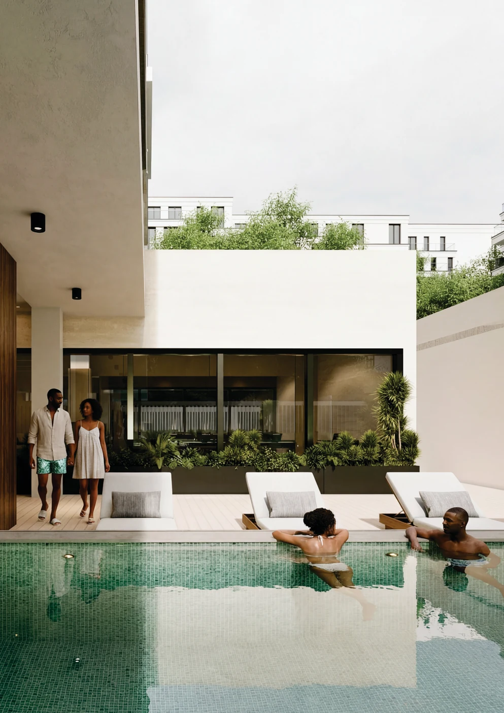 Architectural visualisation of Residence M swimming pool and poolside seating